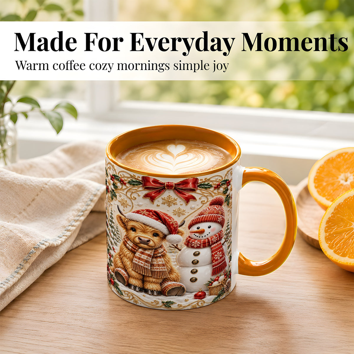 #pl[11oz|Orange] Christmas Highland Cow Coffee Mug, Snowman Mug, Ceramic Cup