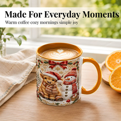 #pl[11oz|Orange] Christmas Highland Cow Coffee Mug, Snowman Mug, Ceramic Cup