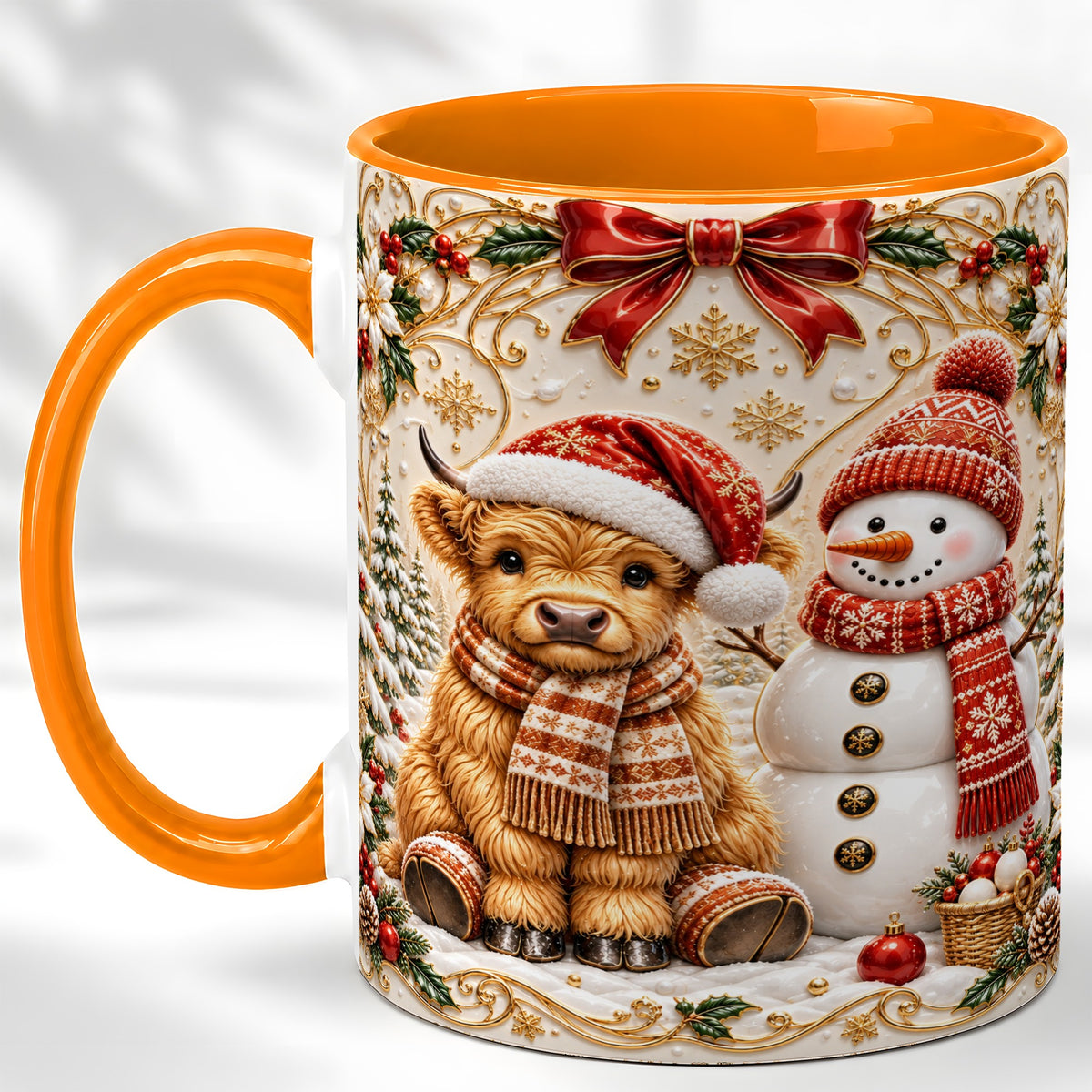 #pl[11oz|Orange] Christmas Highland Cow Coffee Mug, Snowman Mug, Ceramic Cup