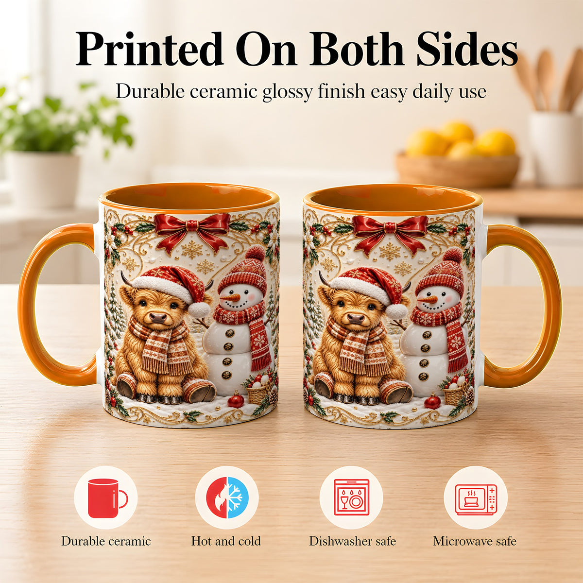 #pl[11oz|Orange] Christmas Highland Cow Coffee Mug, Snowman Mug, Ceramic Cup