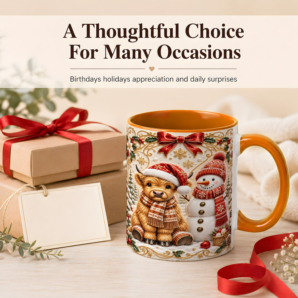 #pl[11oz|Orange] Christmas Highland Cow Coffee Mug, Snowman Mug, Ceramic Cup