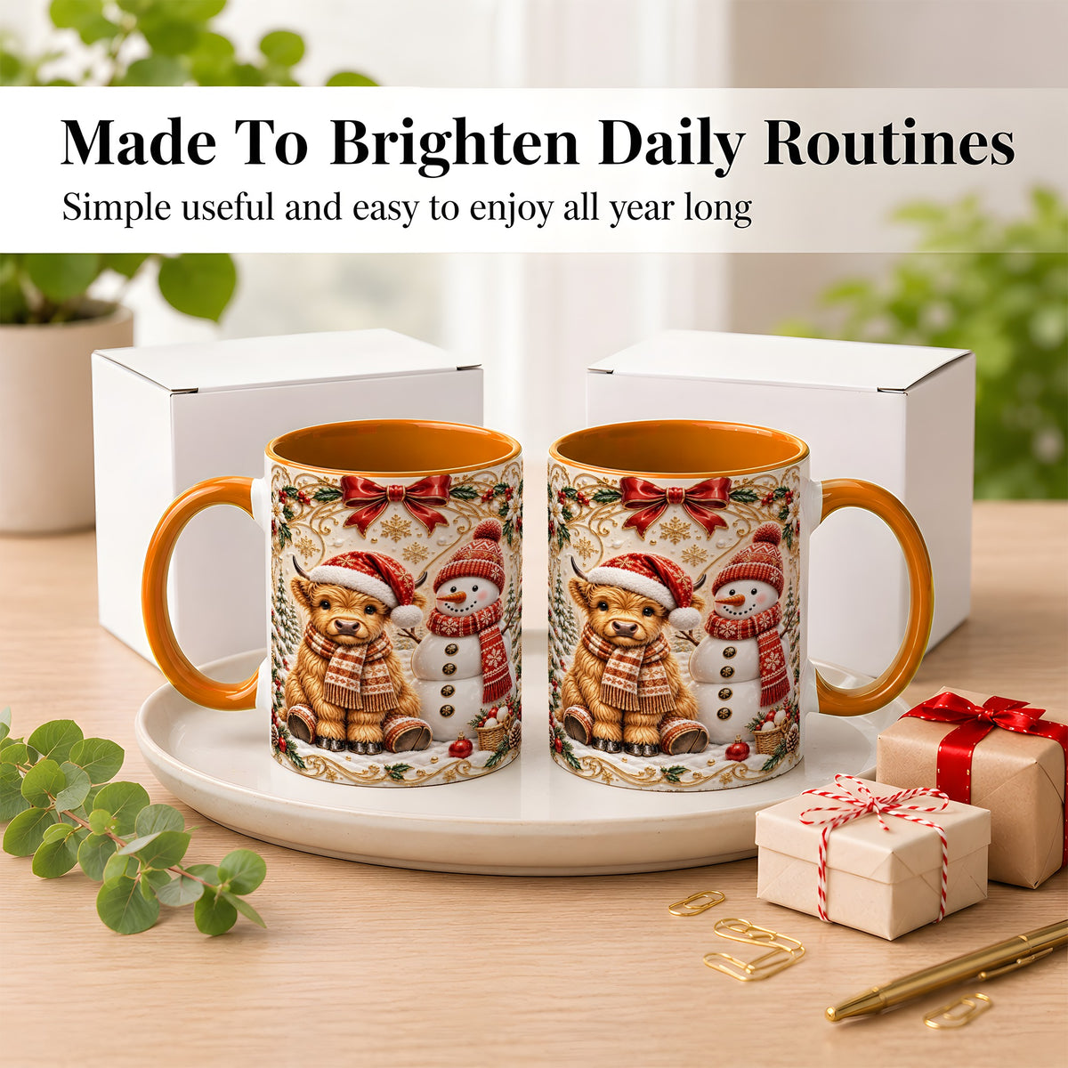 #pl[11oz|Orange] Christmas Highland Cow Coffee Mug, Snowman Mug, Ceramic Cup