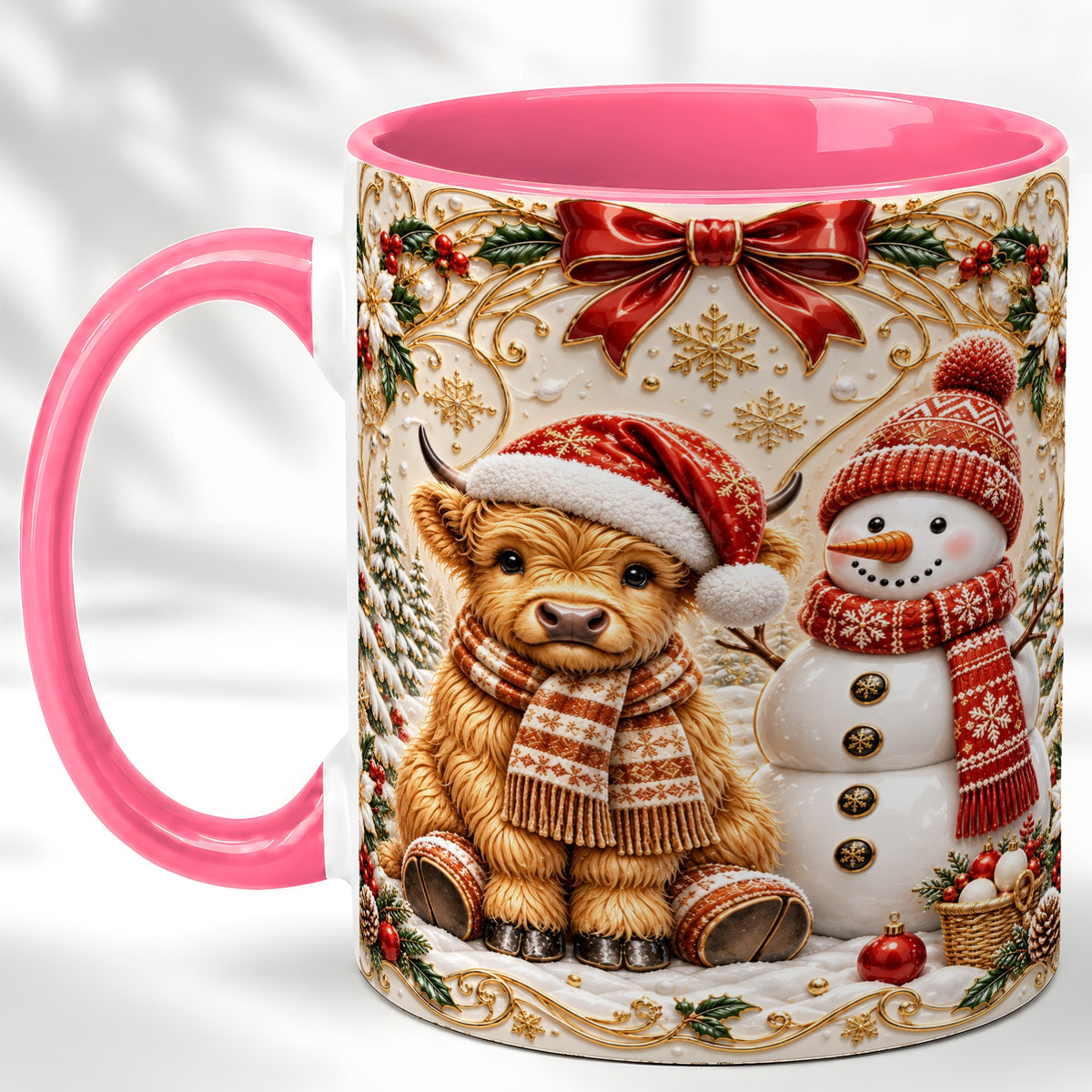 #pl[11oz|Pink] Christmas Highland Cow Coffee Mug, Snowman Mug, Ceramic Cup