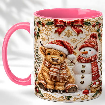 #pl[11oz|Pink] Christmas Highland Cow Coffee Mug, Snowman Mug, Ceramic Cup