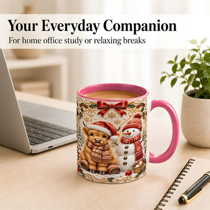 #pl[11oz|Pink] Christmas Highland Cow Coffee Mug, Snowman Mug, Ceramic Cup