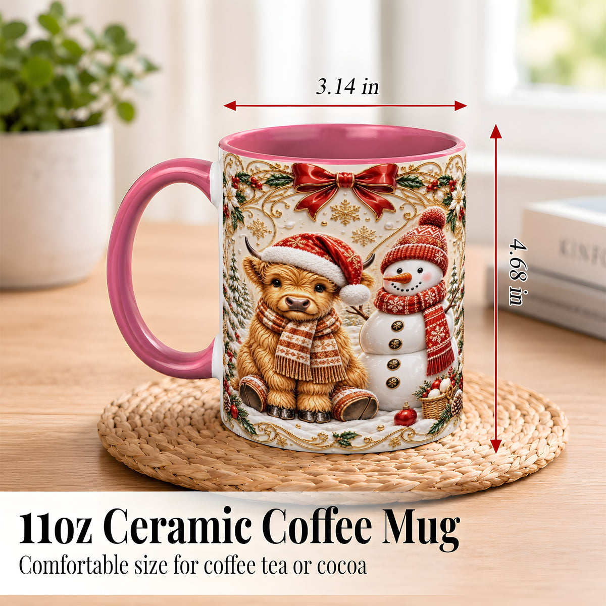 #pl[11oz|Pink] Christmas Highland Cow Coffee Mug, Snowman Mug, Ceramic Cup