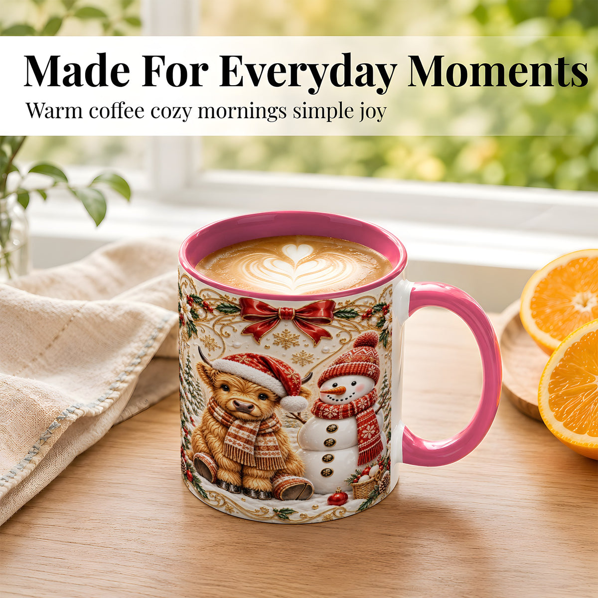 #pl[11oz|Pink] Christmas Highland Cow Coffee Mug, Snowman Mug, Ceramic Cup