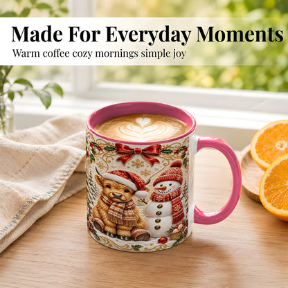 #pl[11oz|Pink] Christmas Highland Cow Coffee Mug, Snowman Mug, Ceramic Cup