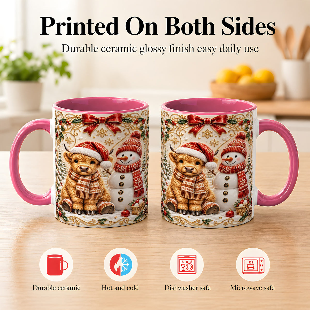 #pl[11oz|Pink] Christmas Highland Cow Coffee Mug, Snowman Mug, Ceramic Cup