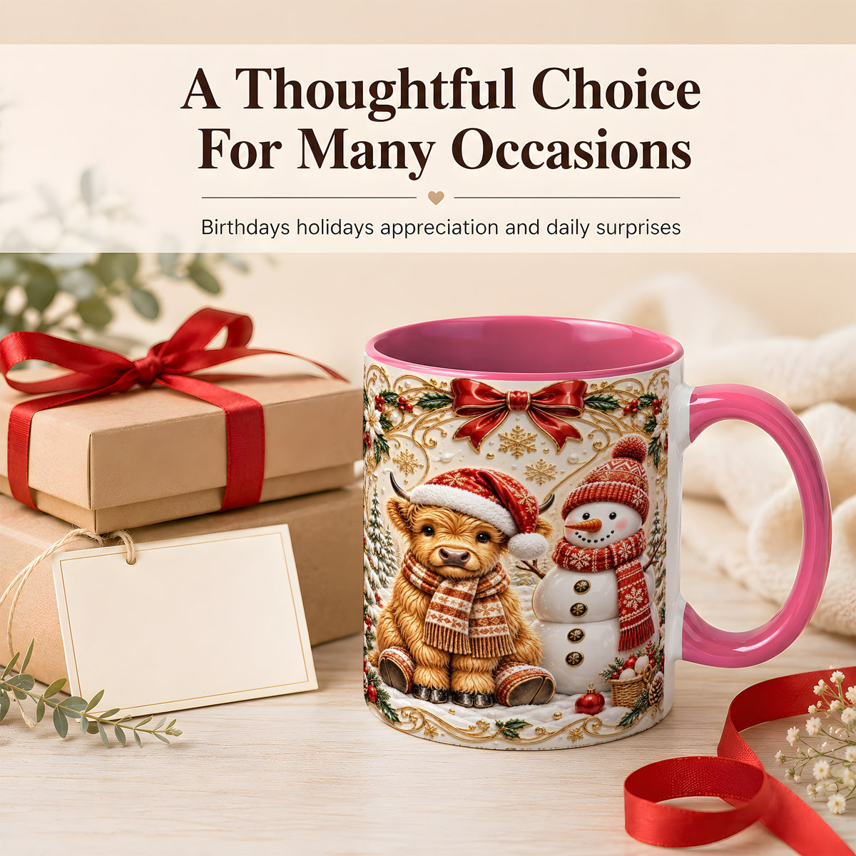 #pl[11oz|Pink] Christmas Highland Cow Coffee Mug, Snowman Mug, Ceramic Cup