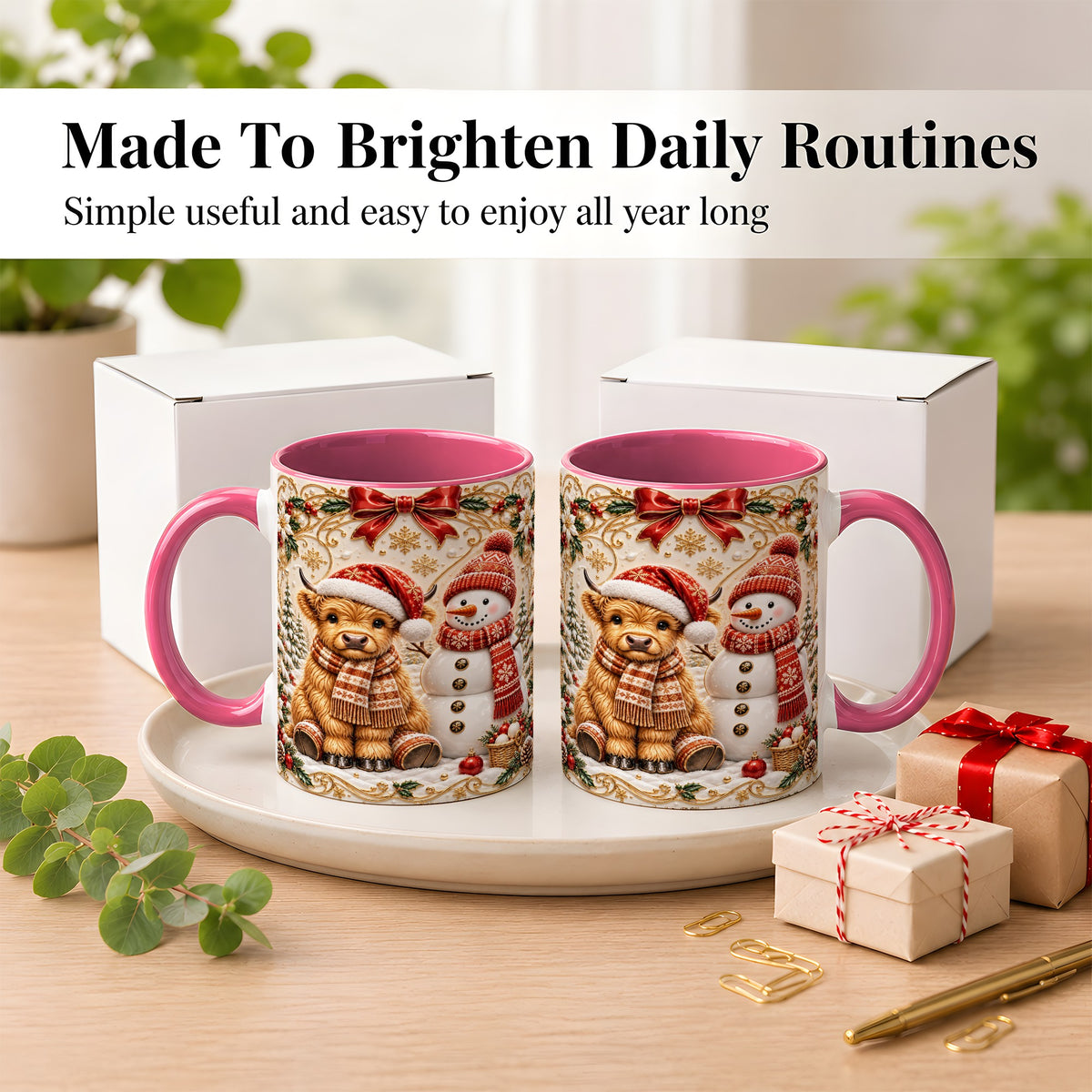 #pl[11oz|Pink] Christmas Highland Cow Coffee Mug, Snowman Mug, Ceramic Cup