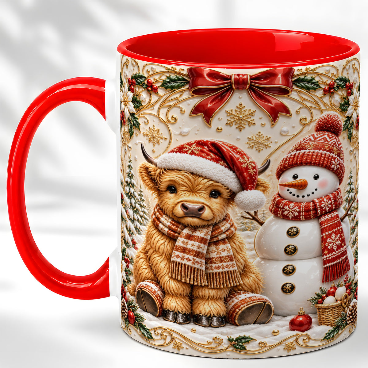 Christmas Highland Cow Coffee Mug, Snowman Mug, Ceramic Cup