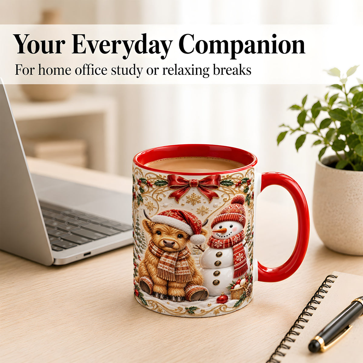 #pl[11oz|Red] Christmas Highland Cow Coffee Mug, Snowman Mug, Ceramic Cup