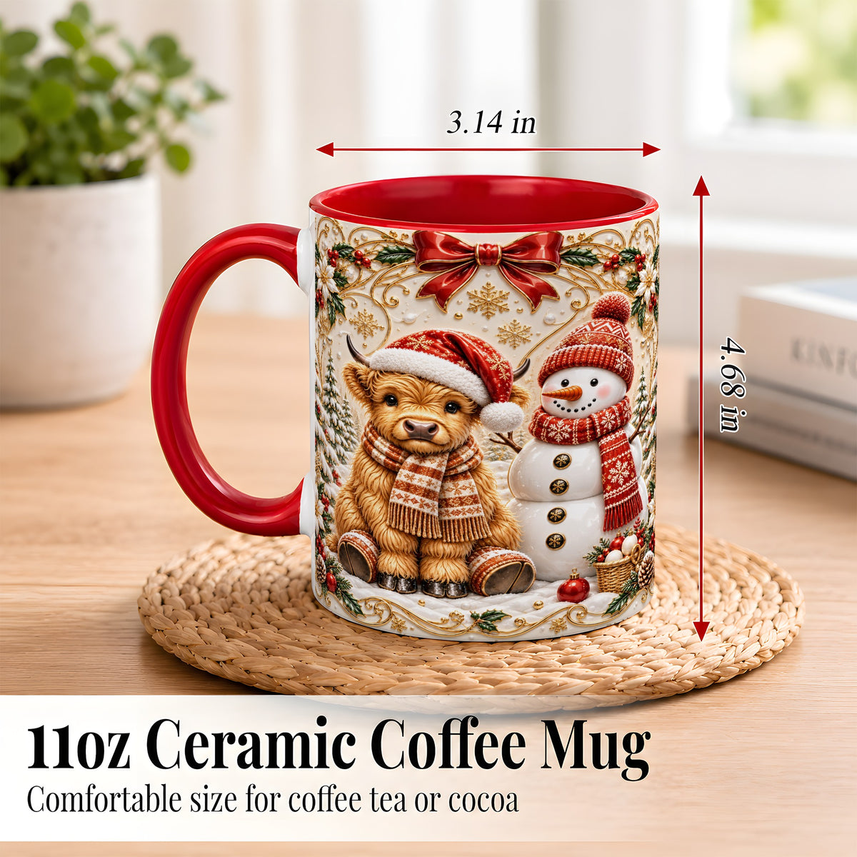 #pl[11oz|Red] Christmas Highland Cow Coffee Mug, Snowman Mug, Ceramic Cup