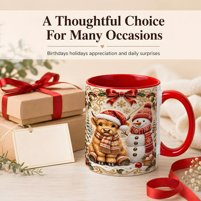 #pl[11oz|Red] Christmas Highland Cow Coffee Mug, Snowman Mug, Ceramic Cup