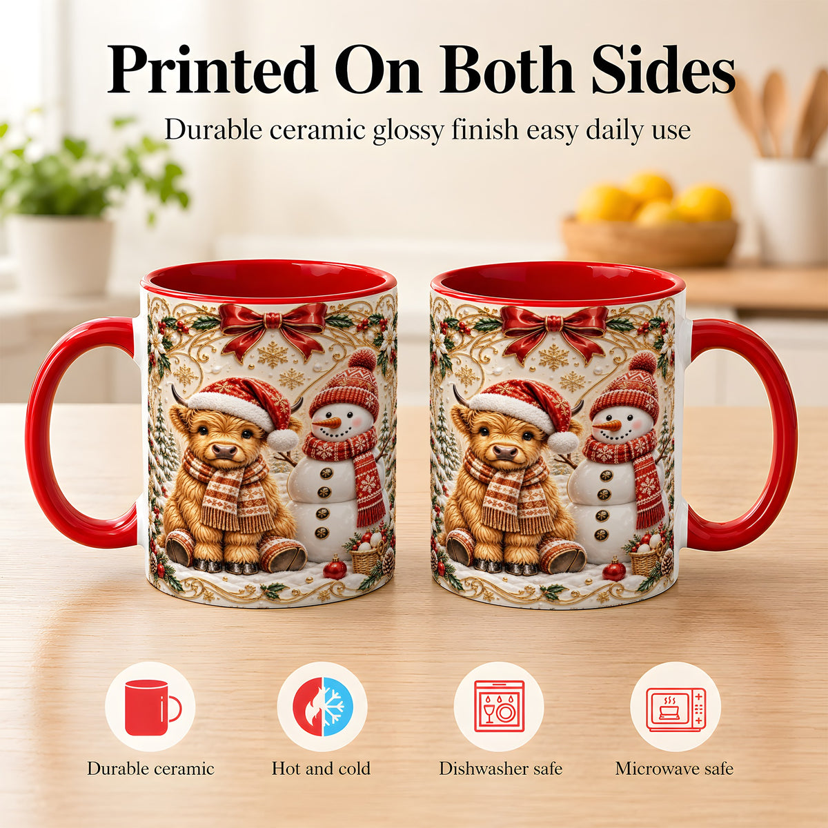 #pl[11oz|Red] Christmas Highland Cow Coffee Mug, Snowman Mug, Ceramic Cup