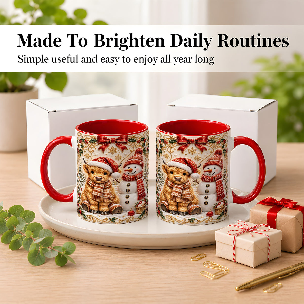 #pl[11oz|Red] Christmas Highland Cow Coffee Mug, Snowman Mug, Ceramic Cup