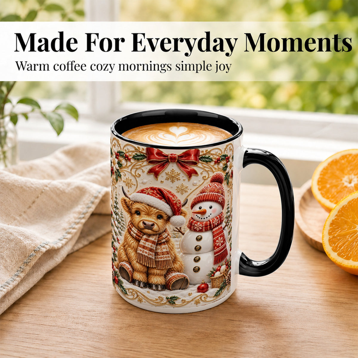 #pl[15oz|Black] Christmas Highland Cow Coffee Mug, Snowman Mug, Ceramic Cup