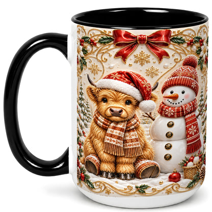 #pl[15oz|Black] Christmas Highland Cow Coffee Mug, Snowman Mug, Ceramic Cup