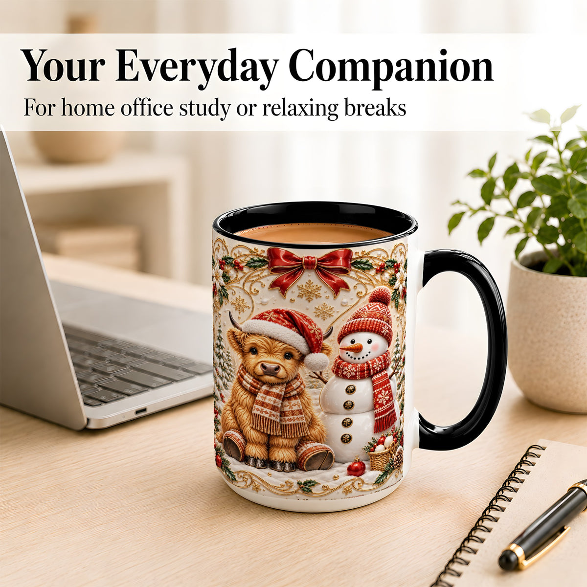 #pl[15oz|Black] Christmas Highland Cow Coffee Mug, Snowman Mug, Ceramic Cup