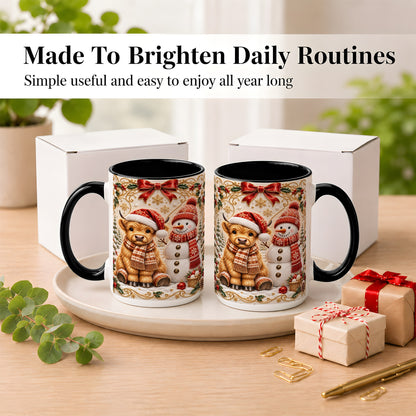 #pl[15oz|Black] Christmas Highland Cow Coffee Mug, Snowman Mug, Ceramic Cup