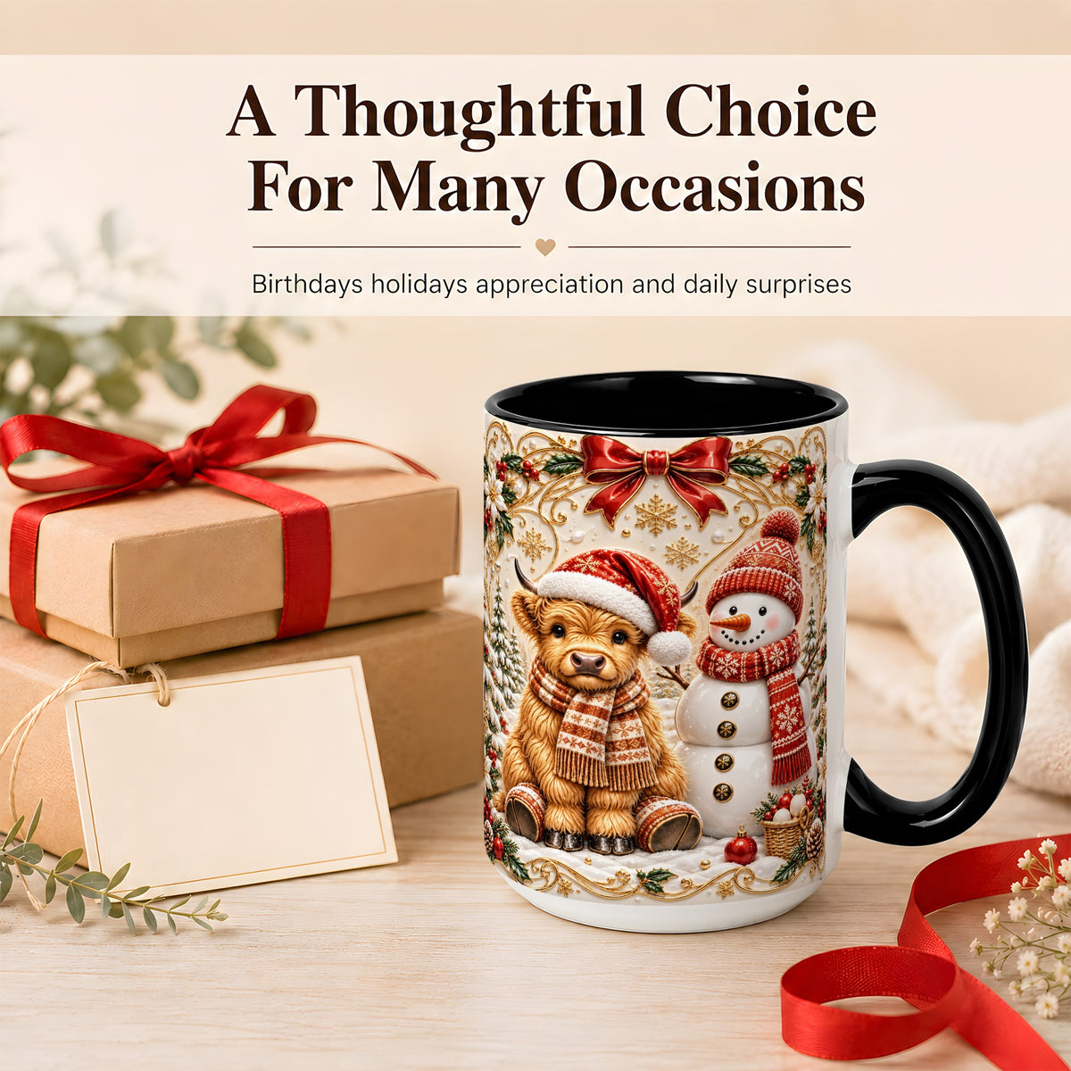 #pl[15oz|Black] Christmas Highland Cow Coffee Mug, Snowman Mug, Ceramic Cup
