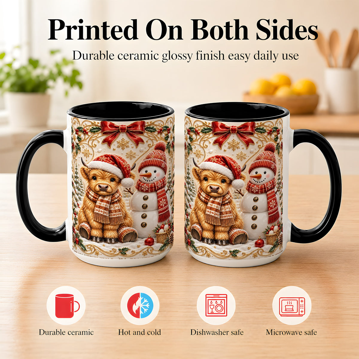 #pl[15oz|Black] Christmas Highland Cow Coffee Mug, Snowman Mug, Ceramic Cup
