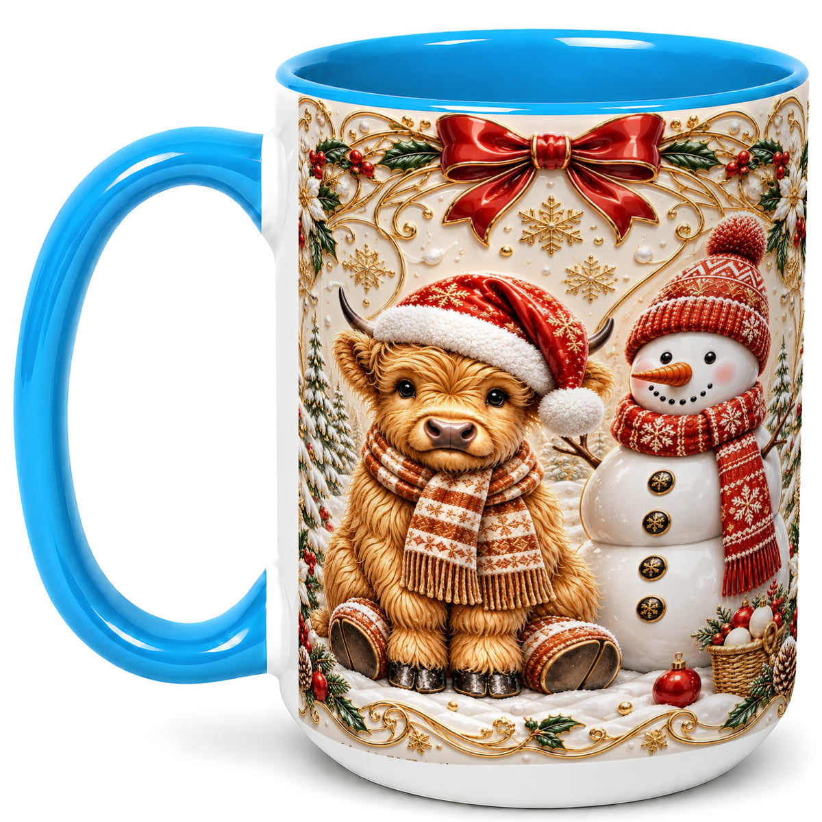 #pl[15oz|Blue] Christmas Highland Cow Coffee Mug, Snowman Mug, Ceramic Cup