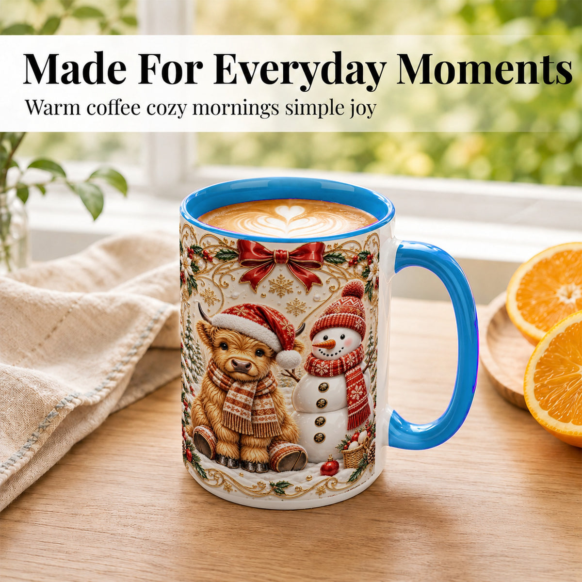 #pl[15oz|Blue] Christmas Highland Cow Coffee Mug, Snowman Mug, Ceramic Cup