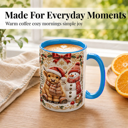 #pl[15oz|Blue] Christmas Highland Cow Coffee Mug, Snowman Mug, Ceramic Cup