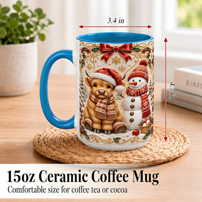 #pl[15oz|Blue] Christmas Highland Cow Coffee Mug, Snowman Mug, Ceramic Cup