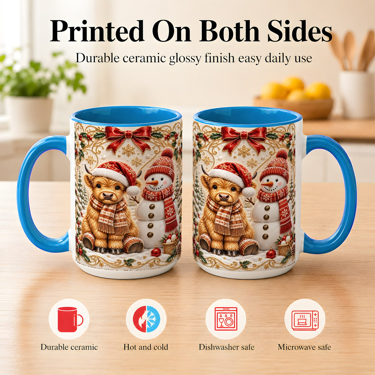 #pl[15oz|Blue] Christmas Highland Cow Coffee Mug, Snowman Mug, Ceramic Cup