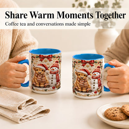 #pl[15oz|Blue] Christmas Highland Cow Coffee Mug, Snowman Mug, Ceramic Cup