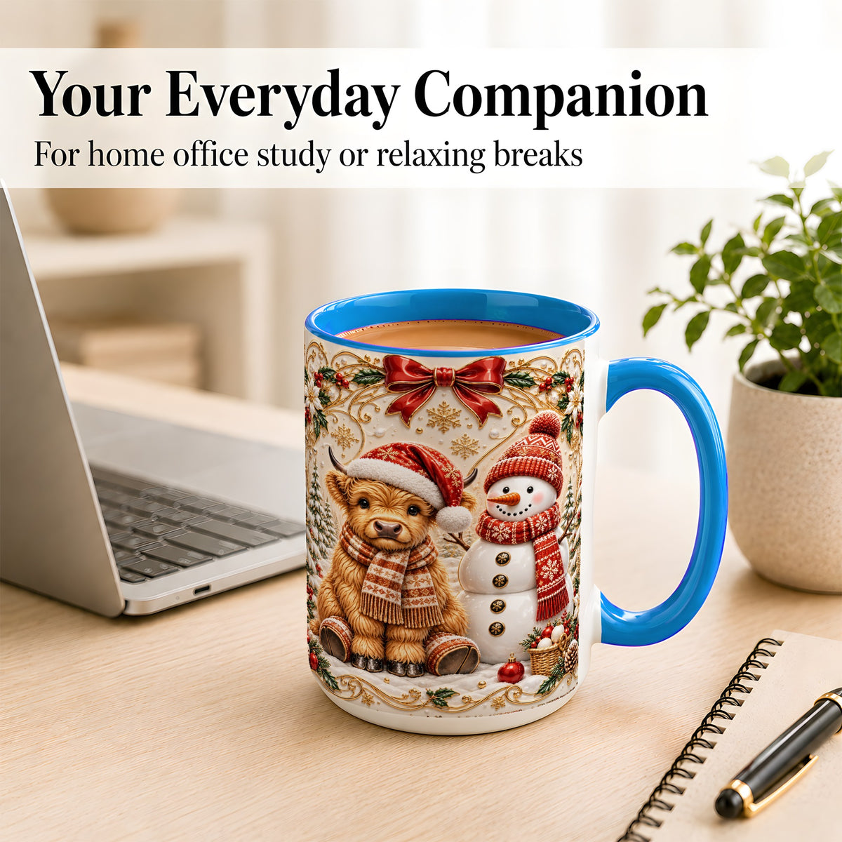 #pl[15oz|Blue] Christmas Highland Cow Coffee Mug, Snowman Mug, Ceramic Cup