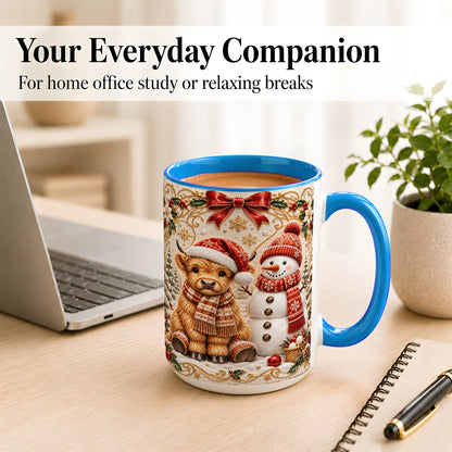 #pl[15oz|Blue] Christmas Highland Cow Coffee Mug, Snowman Mug, Ceramic Cup