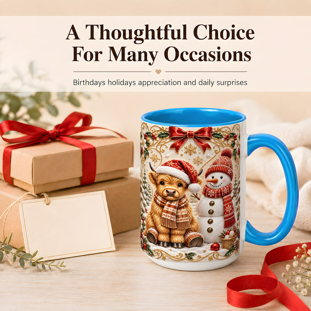 #pl[15oz|Blue] Christmas Highland Cow Coffee Mug, Snowman Mug, Ceramic Cup