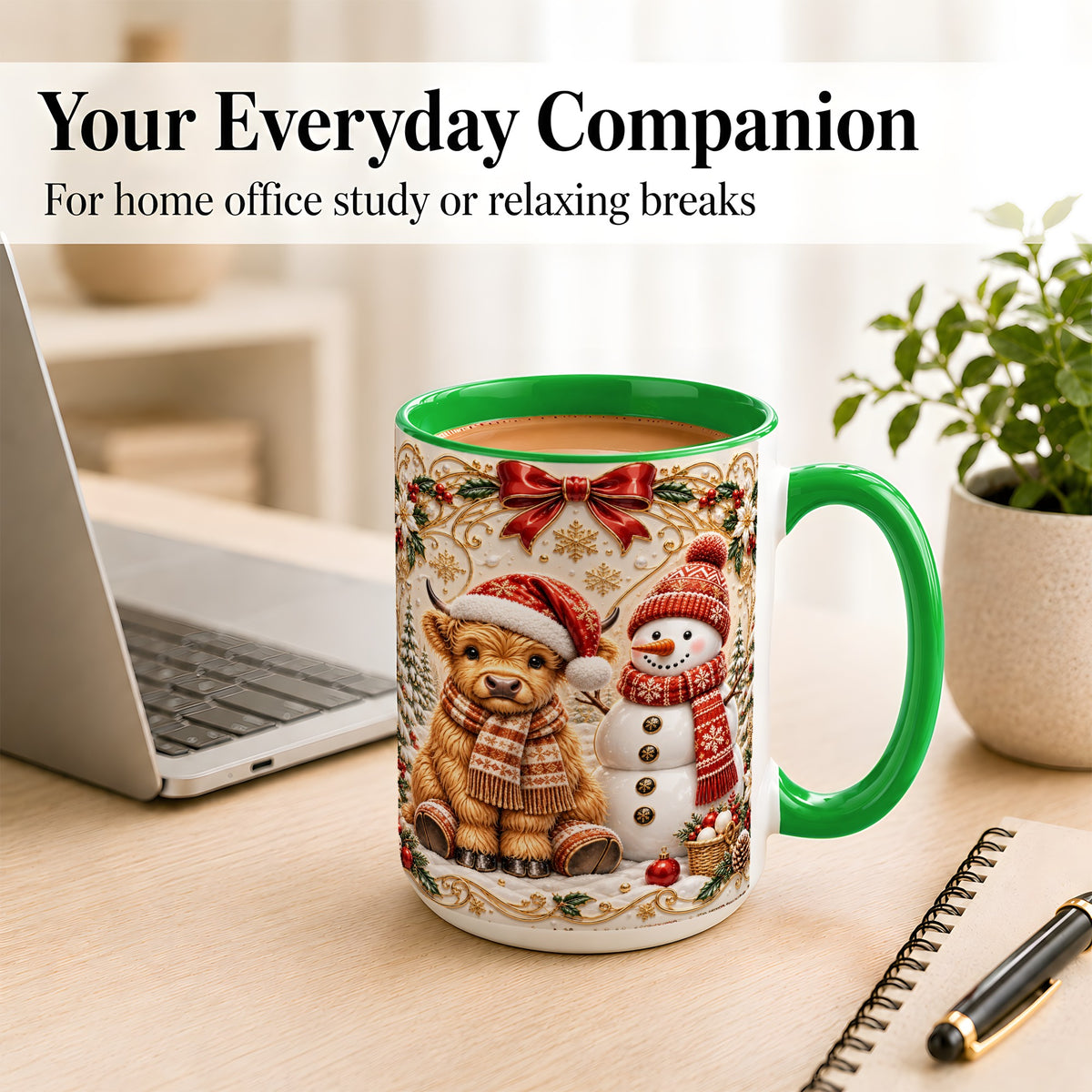 #pl[15oz|Green] Christmas Highland Cow Coffee Mug, Snowman Mug, Ceramic Cup