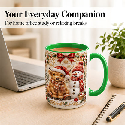 #pl[15oz|Green] Christmas Highland Cow Coffee Mug, Snowman Mug, Ceramic Cup