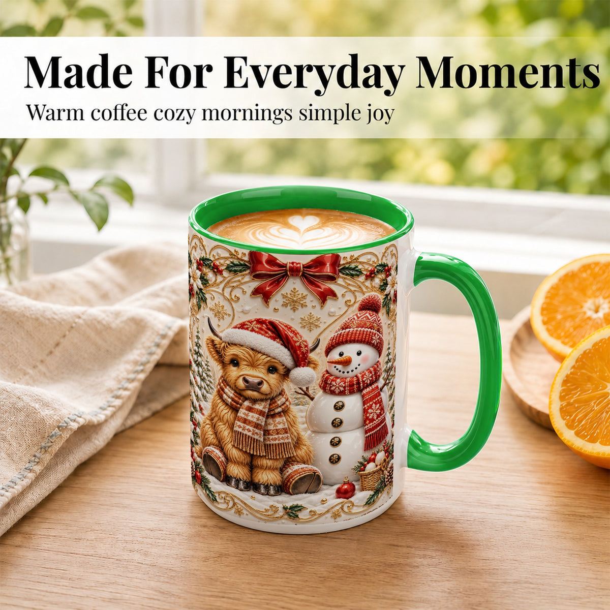 #pl[15oz|Green] Christmas Highland Cow Coffee Mug, Snowman Mug, Ceramic Cup