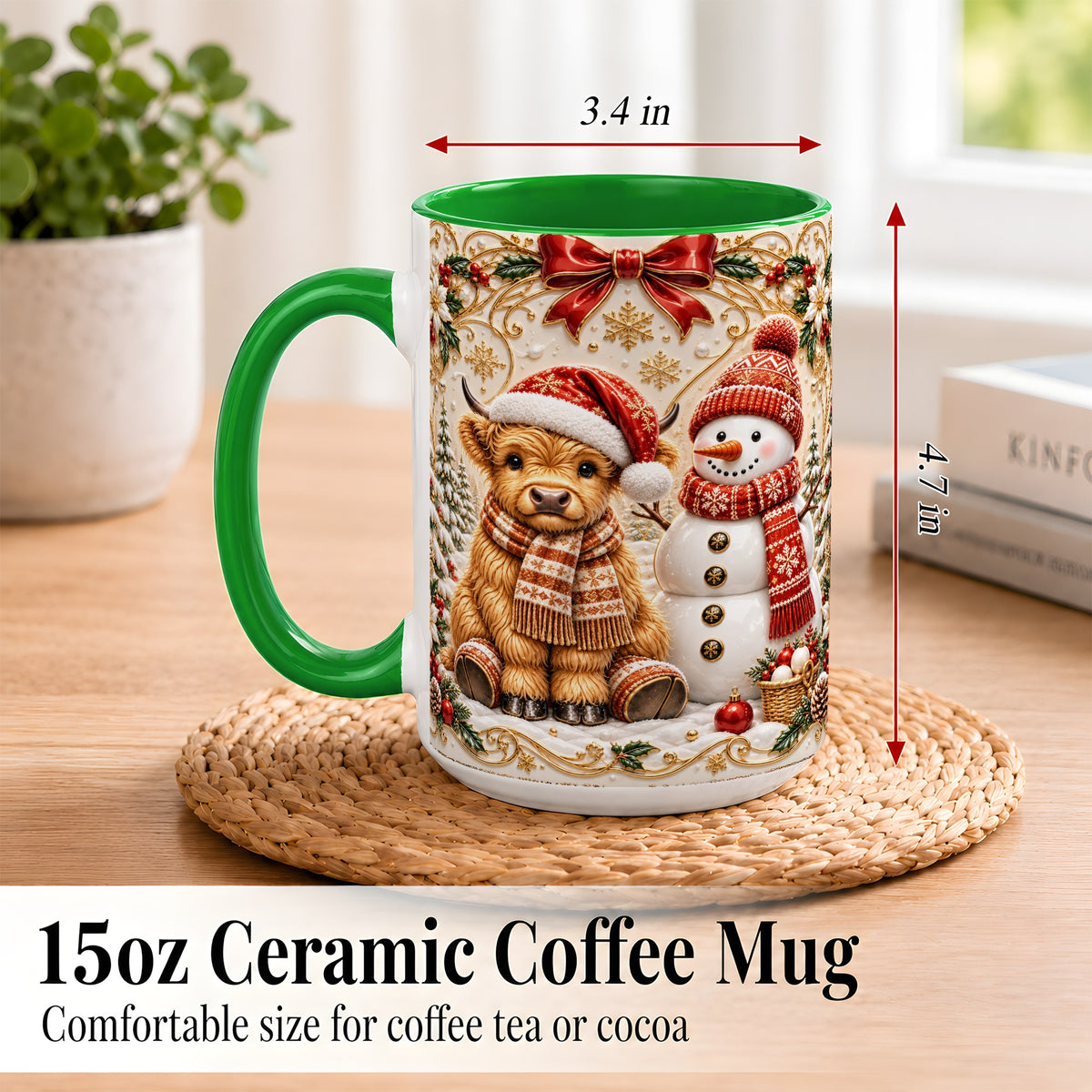 #pl[15oz|Green] Christmas Highland Cow Coffee Mug, Snowman Mug, Ceramic Cup
