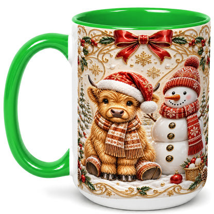 #pl[15oz|Green] Christmas Highland Cow Coffee Mug, Snowman Mug, Ceramic Cup