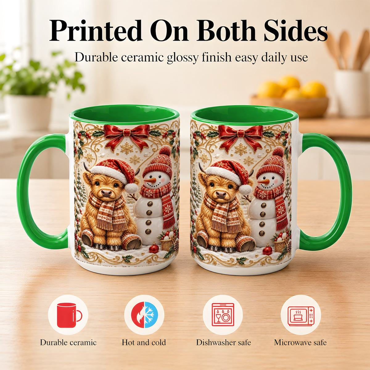 #pl[15oz|Green] Christmas Highland Cow Coffee Mug, Snowman Mug, Ceramic Cup