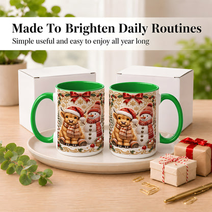 #pl[15oz|Green] Christmas Highland Cow Coffee Mug, Snowman Mug, Ceramic Cup