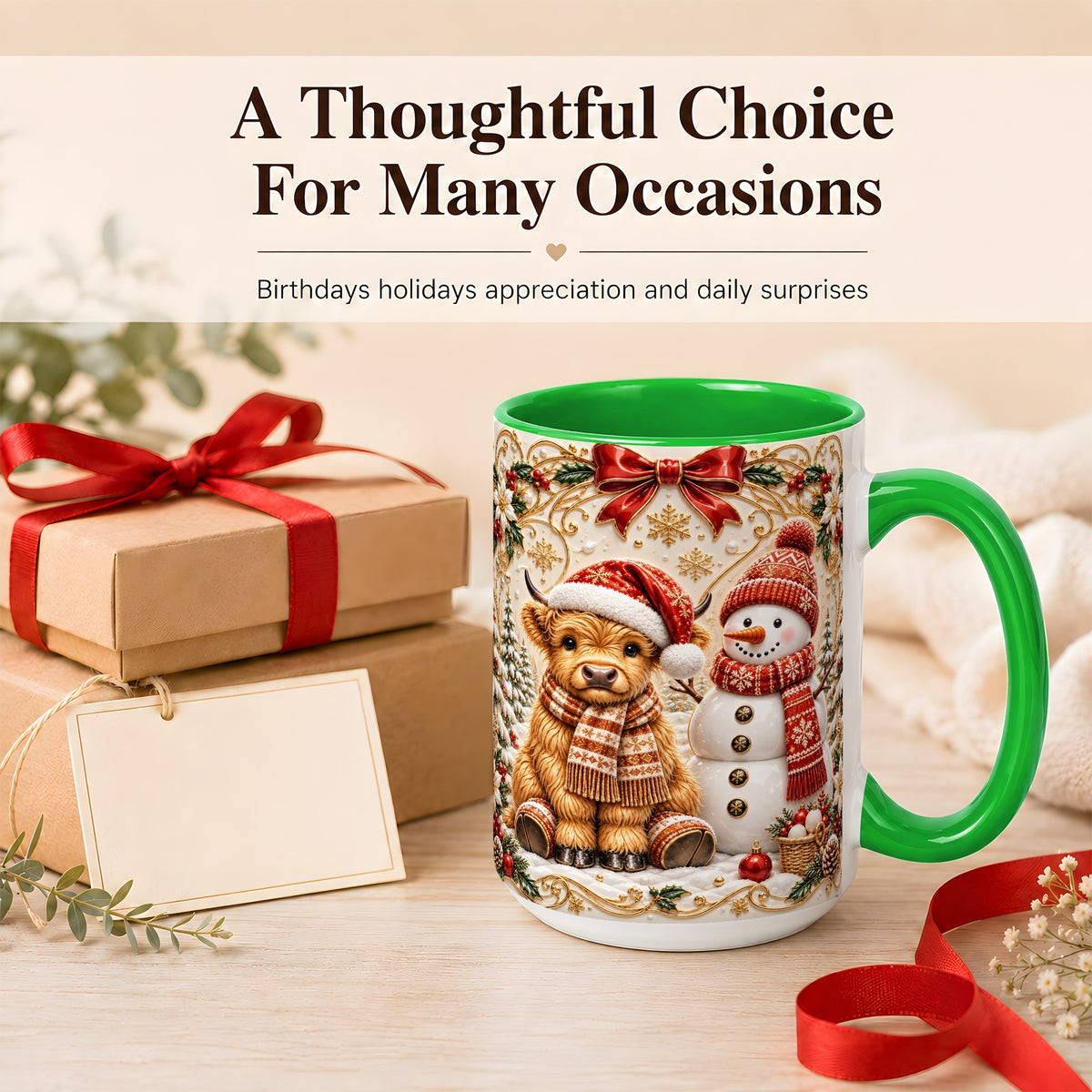 #pl[15oz|Green] Christmas Highland Cow Coffee Mug, Snowman Mug, Ceramic Cup