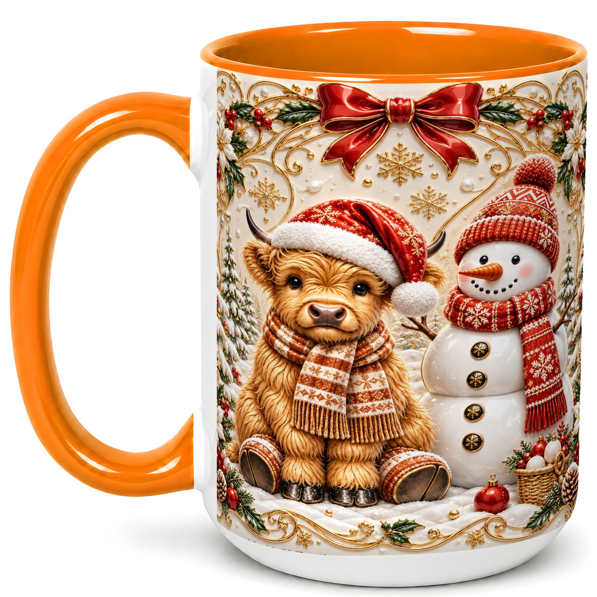 #pl[15oz|Orange] Christmas Highland Cow Coffee Mug, Snowman Mug, Ceramic Cup