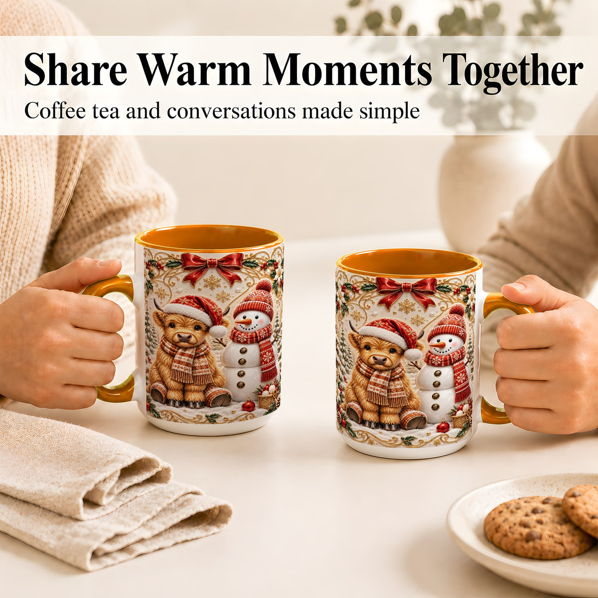 #pl[15oz|Orange] Christmas Highland Cow Coffee Mug, Snowman Mug, Ceramic Cup