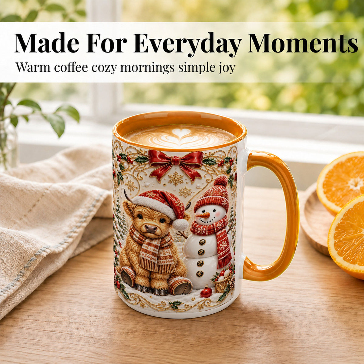 #pl[15oz|Orange] Christmas Highland Cow Coffee Mug, Snowman Mug, Ceramic Cup