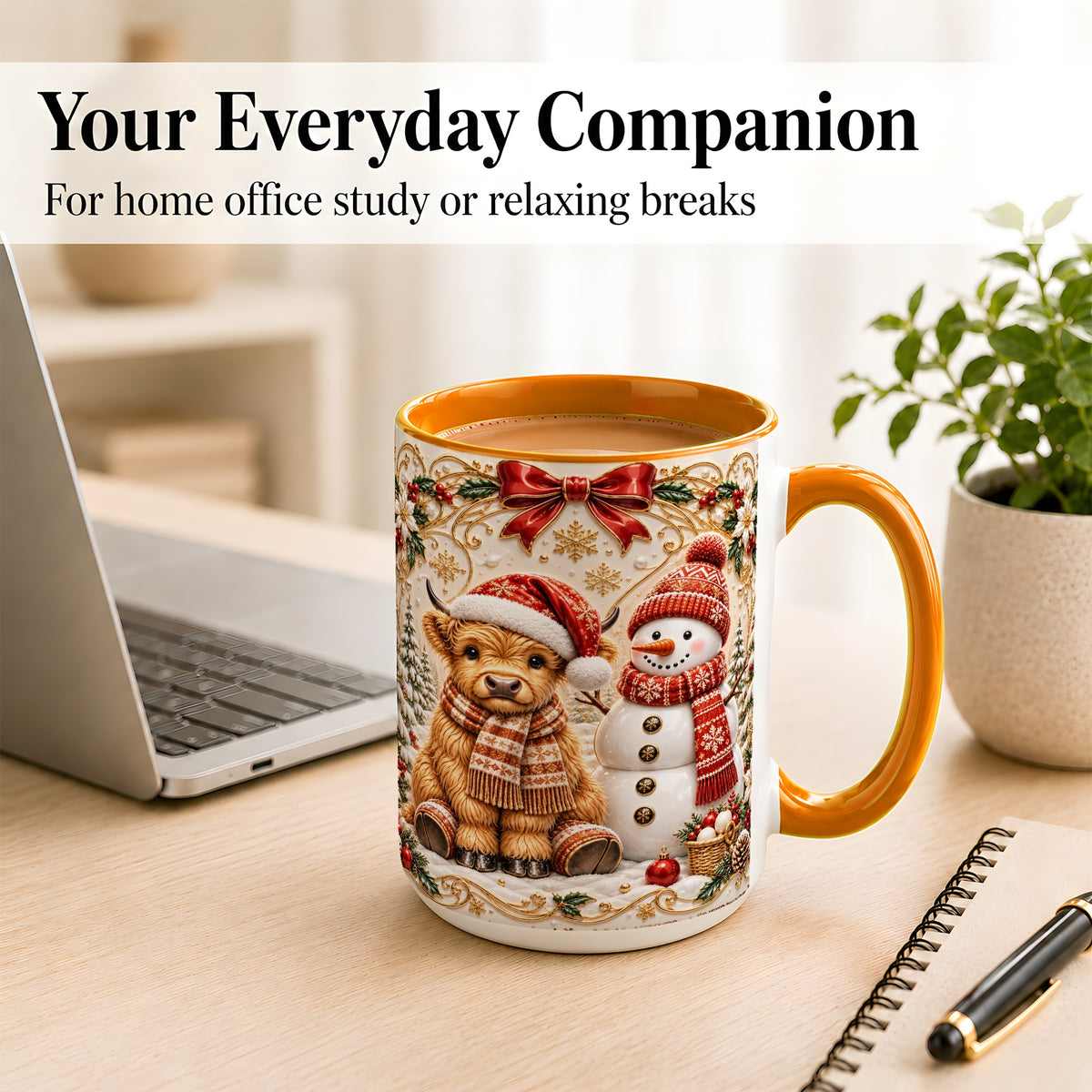 #pl[15oz|Orange] Christmas Highland Cow Coffee Mug, Snowman Mug, Ceramic Cup