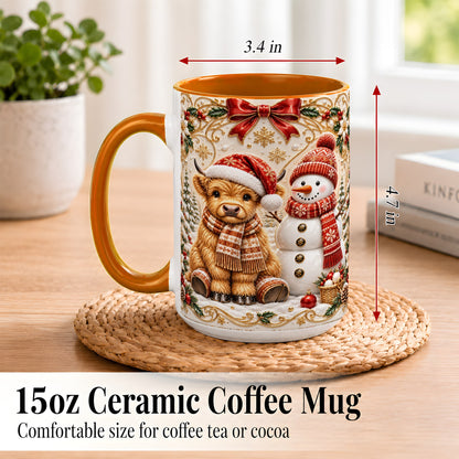 #pl[15oz|Orange] Christmas Highland Cow Coffee Mug, Snowman Mug, Ceramic Cup
