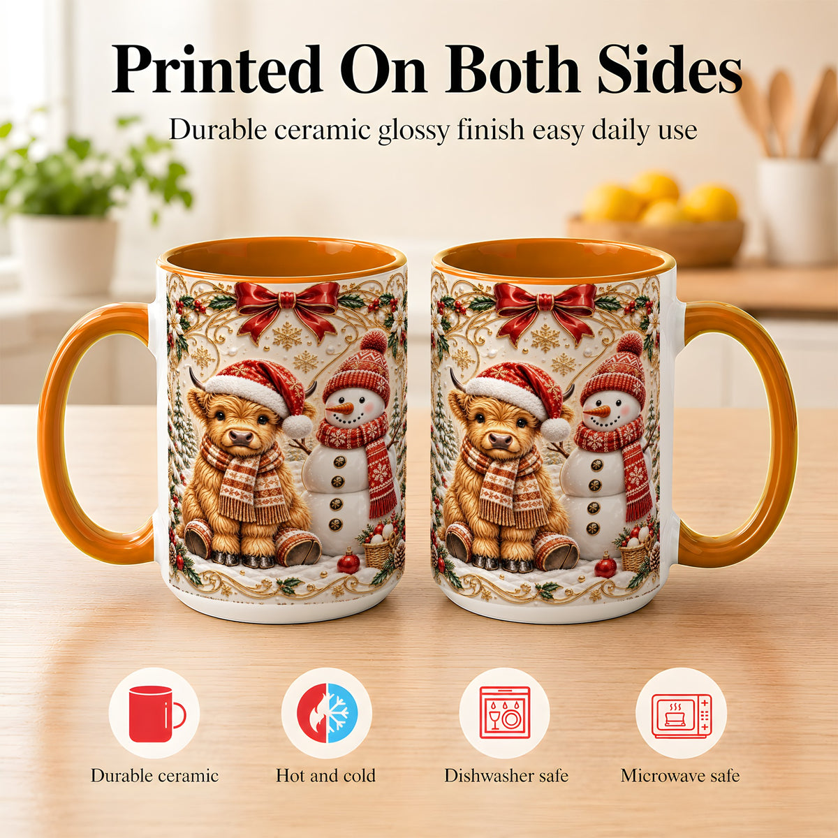 #pl[15oz|Orange] Christmas Highland Cow Coffee Mug, Snowman Mug, Ceramic Cup